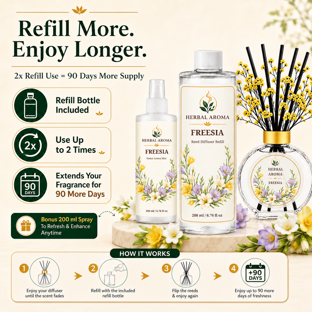 Herbal Aroma Freesia Home Fragrance Set, 3-Piece Reed Diffuser with 200 mL Refill and 200 mL Room Spray, 100 mL Diffuser