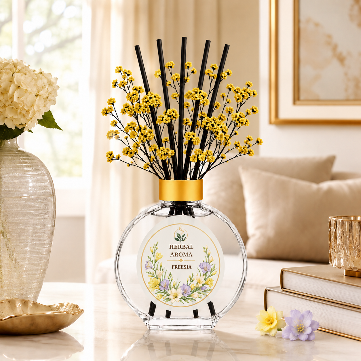 Herbal Aroma Freesia Home Fragrance Set, 3-Piece Reed Diffuser with 200 mL Refill and 200 mL Room Spray, 100 mL Diffuser