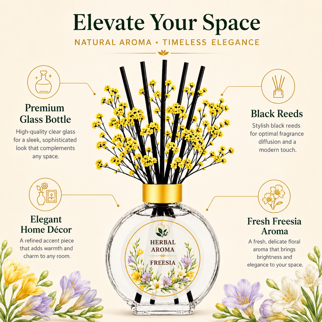Herbal Aroma Freesia Home Fragrance Set, 3-Piece Reed Diffuser with 200 mL Refill and 200 mL Room Spray, 100 mL Diffuser