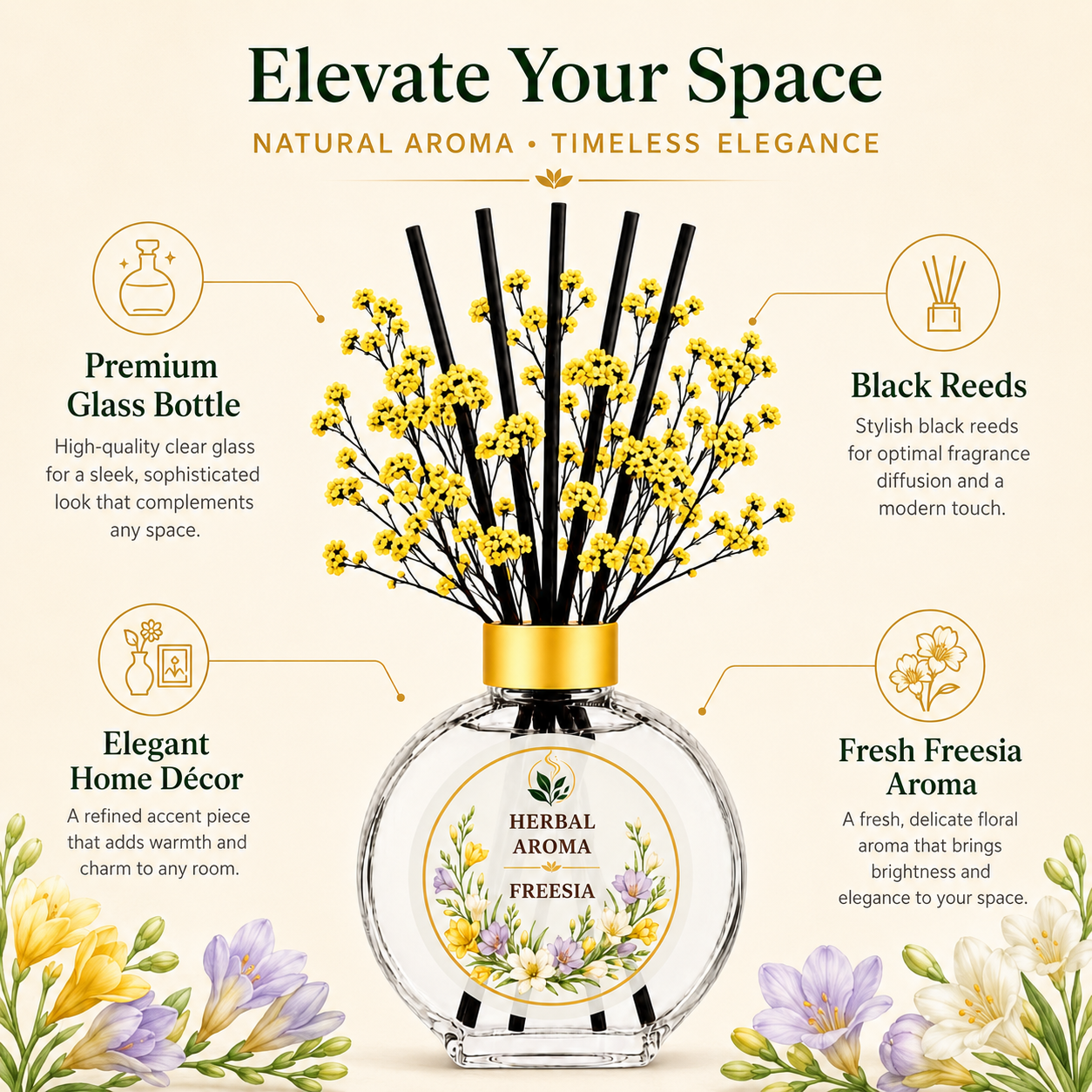 Herbal Aroma Freesia Home Fragrance Set, 3-Piece Reed Diffuser with 200 mL Refill and 200 mL Room Spray, 100 mL Diffuser