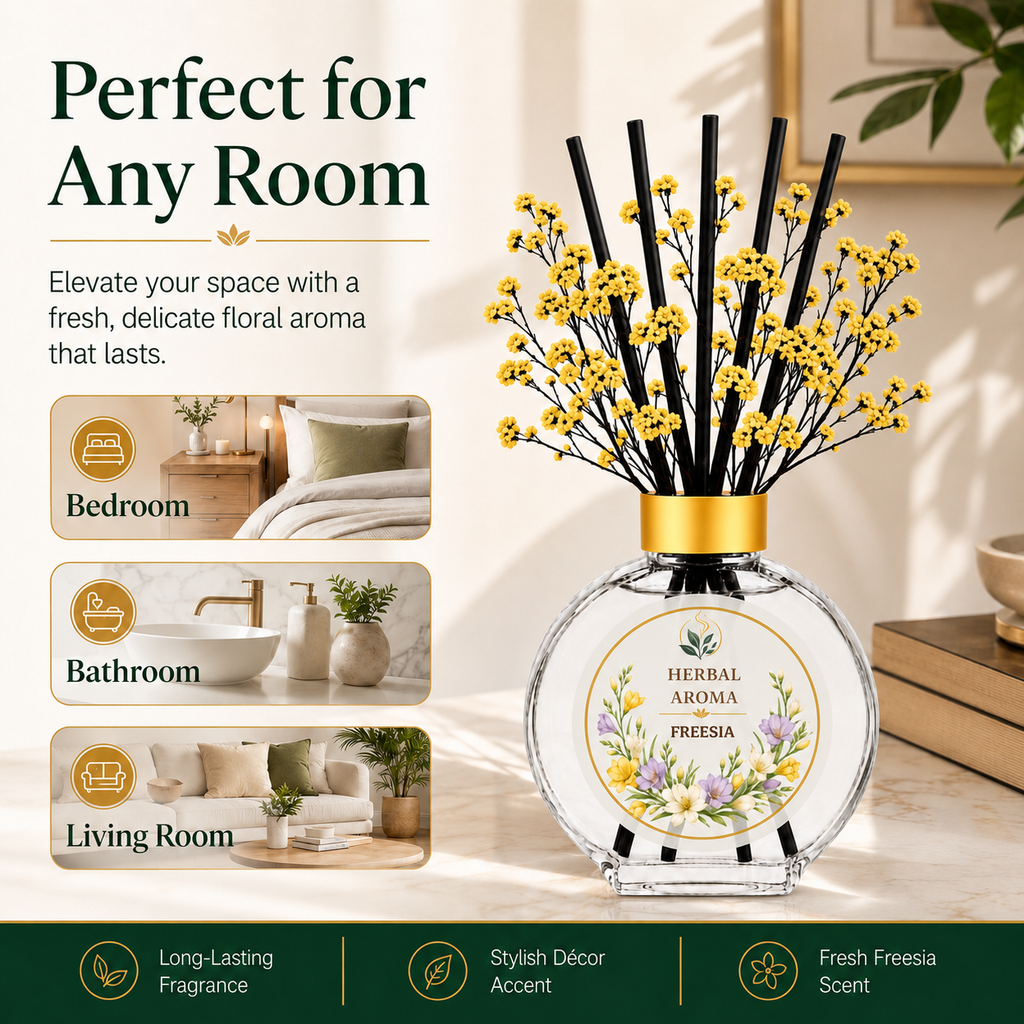 Herbal Aroma Freesia Home Fragrance Set, 3-Piece Reed Diffuser with 200 mL Refill and 200 mL Room Spray, 100 mL Diffuser