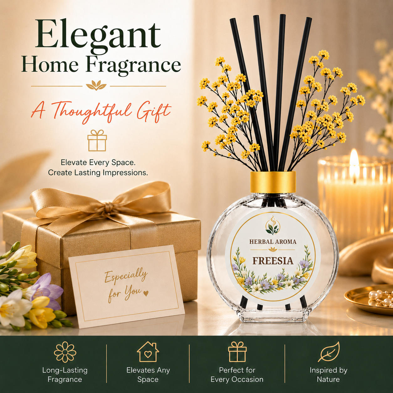 Herbal Aroma Freesia Home Fragrance Set, 3-Piece Reed Diffuser with 200 mL Refill and 200 mL Room Spray, 100 mL Diffuser