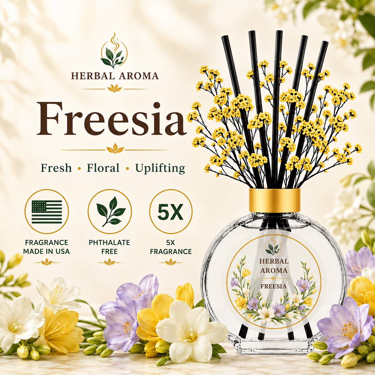 Herbal Aroma Freesia Home Fragrance Set, 3-Piece Reed Diffuser with 200 mL Refill and 200 mL Room Spray, 100 mL Diffuser