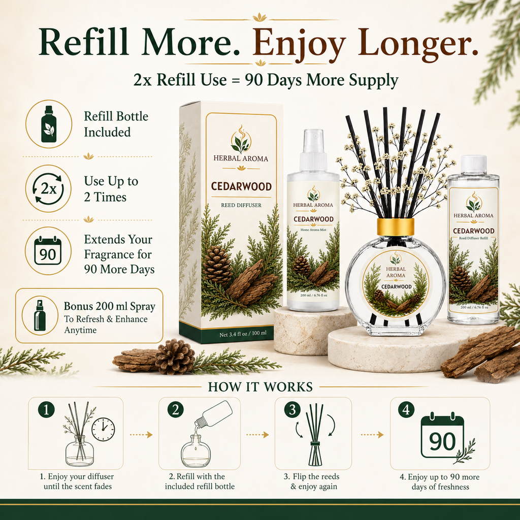 Herbal Aroma Cedarwood Home Fragrance Set, 3-Piece Reed Diffuser with 200 mL Refill and 200 mL Room Spray, 100 mL Diffuser