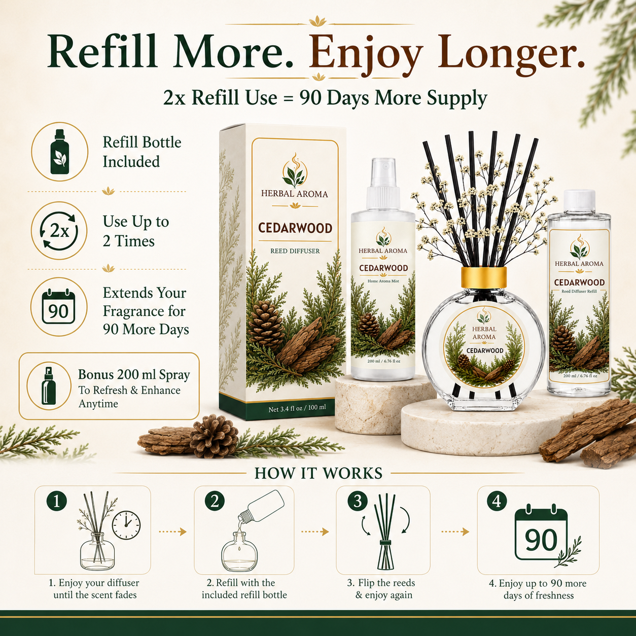 Herbal Aroma Cedarwood Home Fragrance Set, 3-Piece Reed Diffuser with 200 mL Refill and 200 mL Room Spray, 100 mL Diffuser