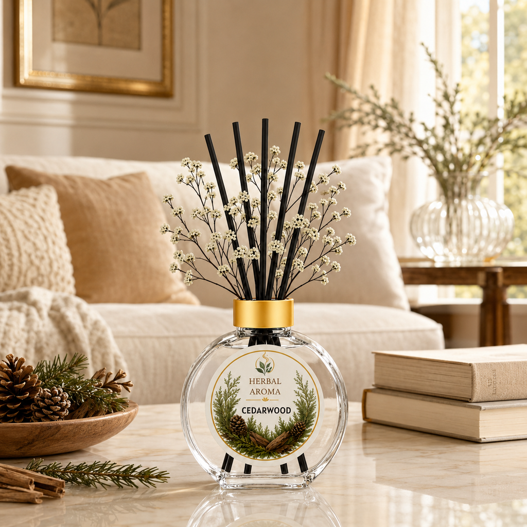 Herbal Aroma Cedarwood Home Fragrance Set, 3-Piece Reed Diffuser with 200 mL Refill and 200 mL Room Spray, 100 mL Diffuser