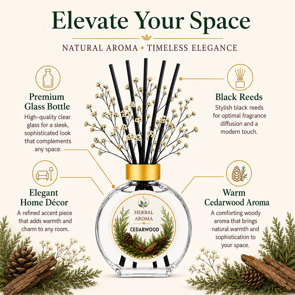 Herbal Aroma Cedarwood Home Fragrance Set, 3-Piece Reed Diffuser with 200 mL Refill and 200 mL Room Spray, 100 mL Diffuser