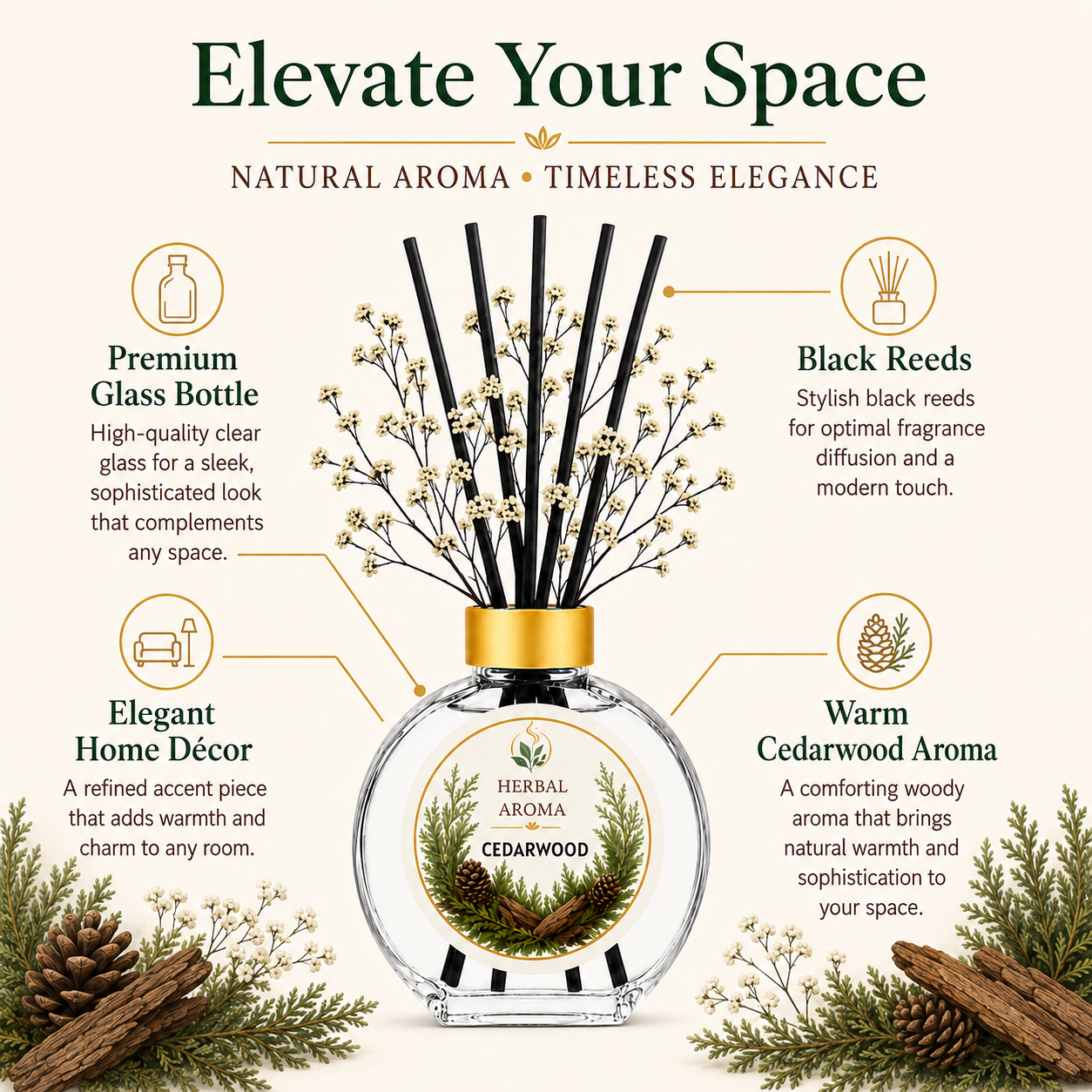 Herbal Aroma Cedarwood Home Fragrance Set, 3-Piece Reed Diffuser with 200 mL Refill and 200 mL Room Spray, 100 mL Diffuser