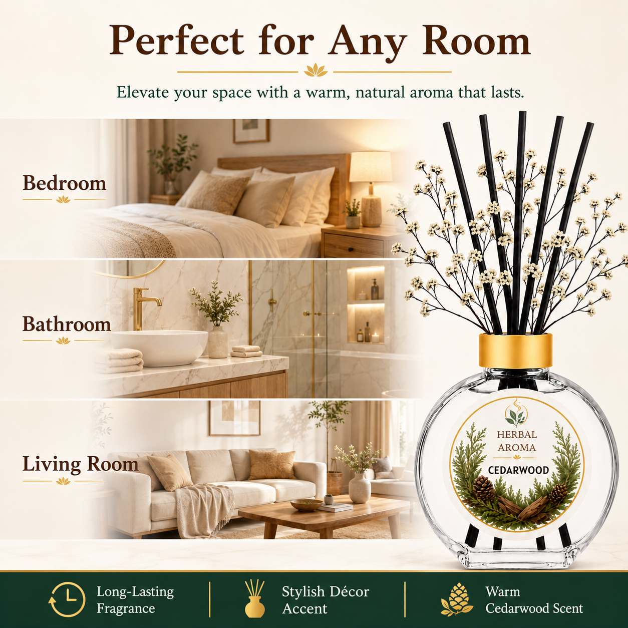 Herbal Aroma Cedarwood Home Fragrance Set, 3-Piece Reed Diffuser with 200 mL Refill and 200 mL Room Spray, 100 mL Diffuser