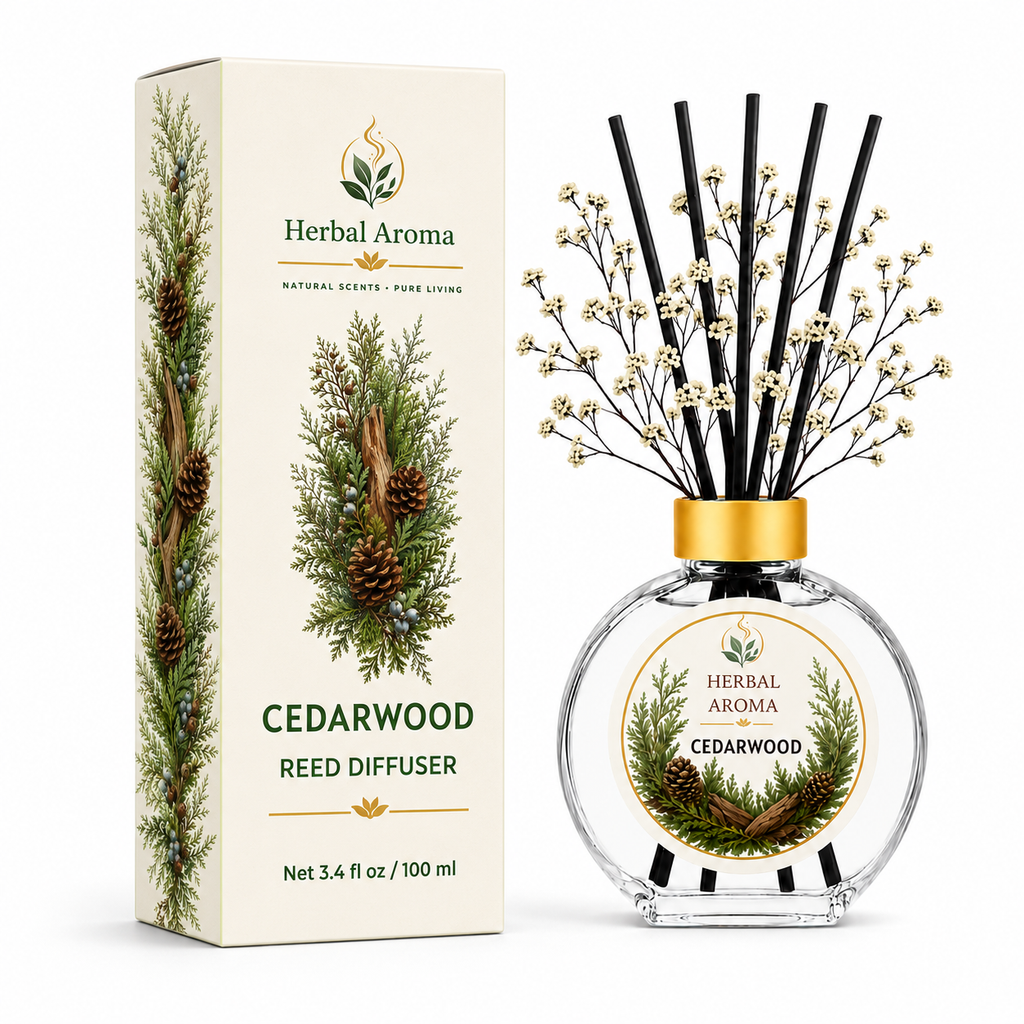 Herbal Aroma Cedarwood Home Fragrance Set, 3-Piece Reed Diffuser with 200 mL Refill and 200 mL Room Spray, 100 mL Diffuser