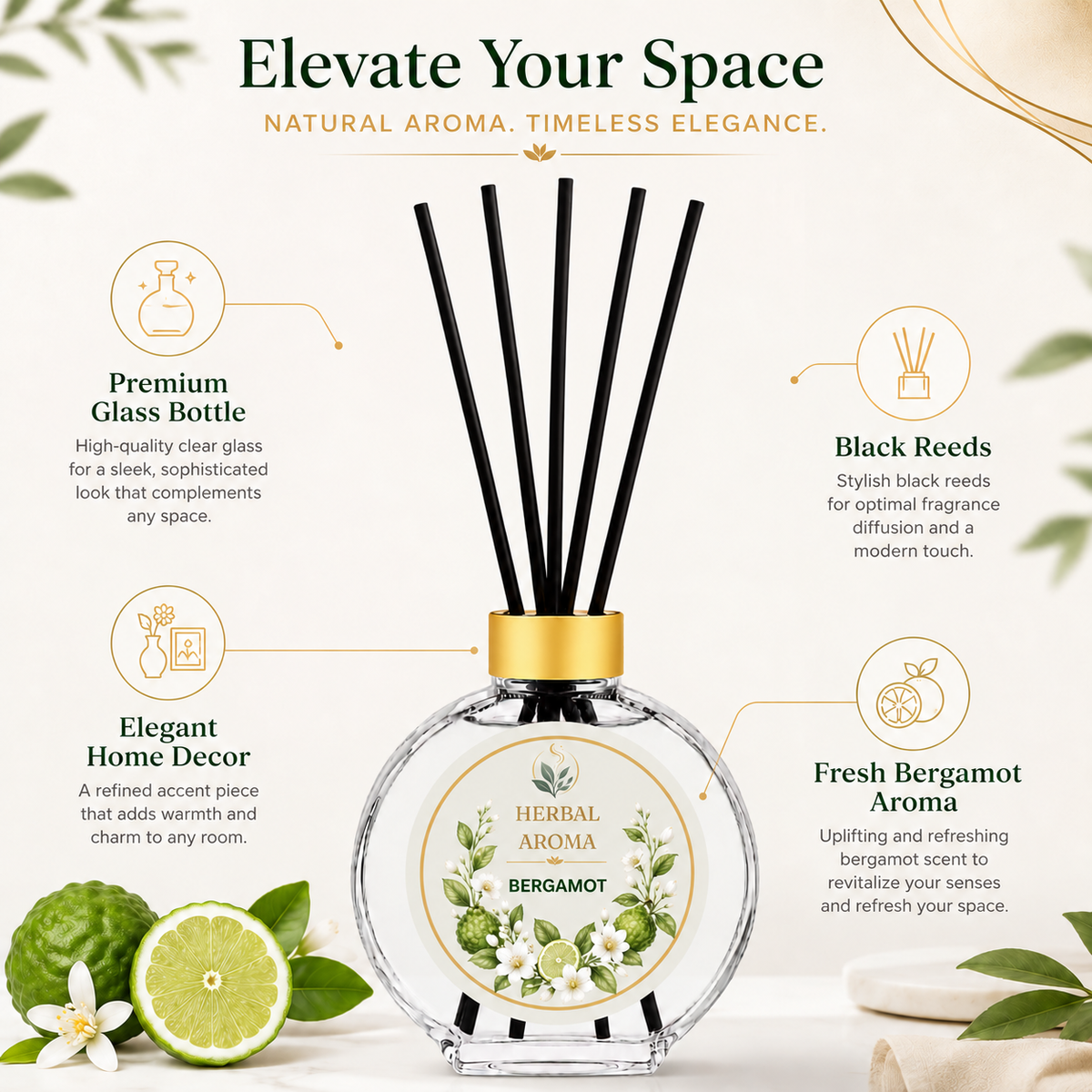 Herbal Aroma Bergamot Reed Diffuser Set, 3 Pack Home Fragrance Diffusers, 100 mL Each, 300 mL Total, Decorative Reed Diffusers for Home, Bedroom & Office