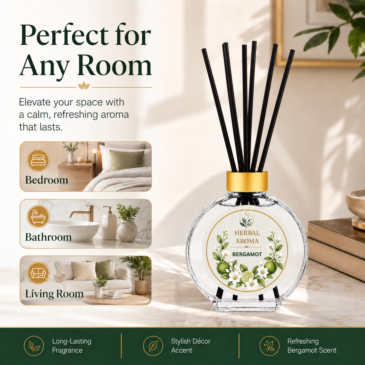Herbal Aroma Bergamot Reed Diffuser Set, 3 Pack Home Fragrance Diffusers, 100 mL Each, 300 mL Total, Decorative Reed Diffusers for Home, Bedroom & Office