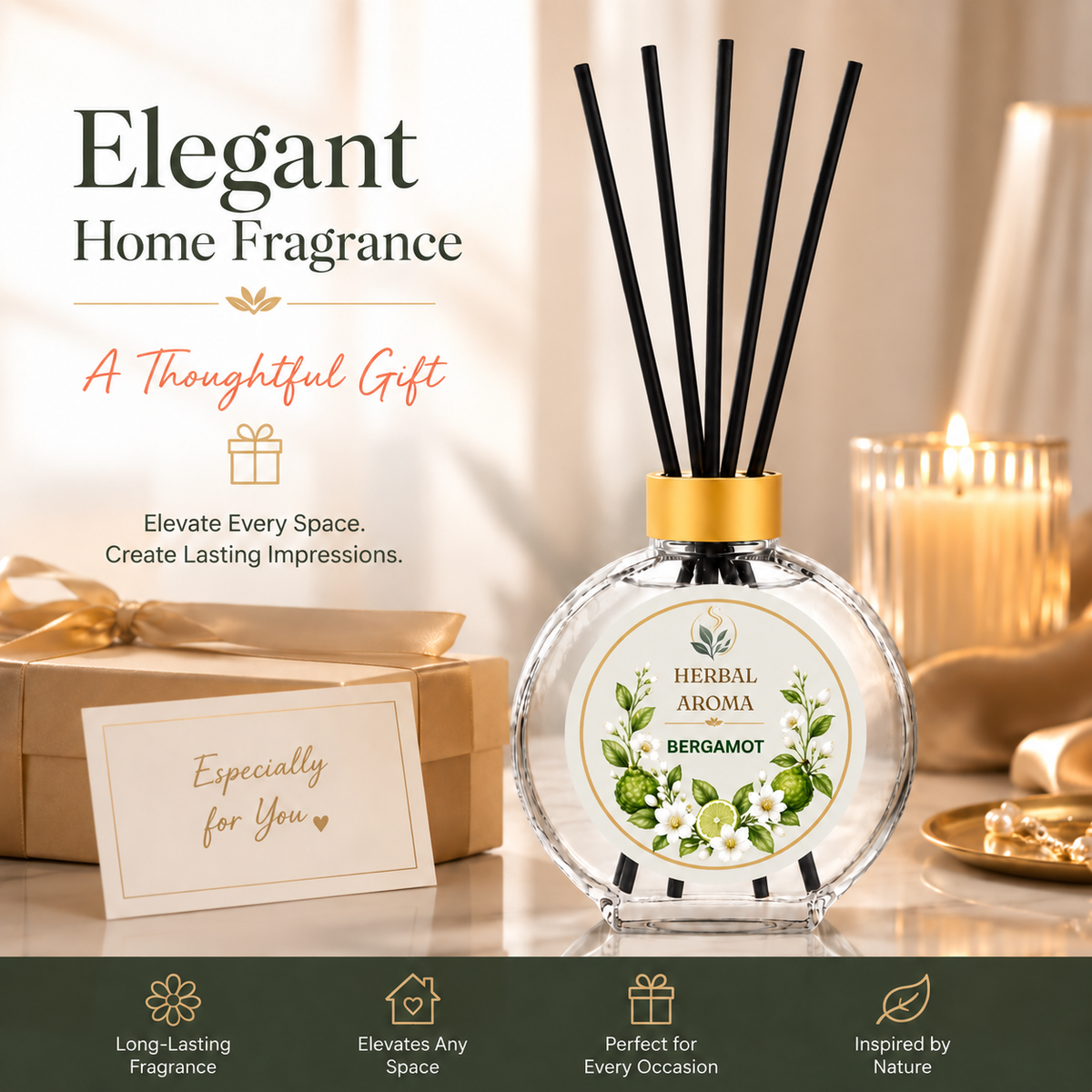 Herbal Aroma Bergamot Reed Diffuser Set, 3 Pack Home Fragrance Diffusers, 100 mL Each, 300 mL Total, Decorative Reed Diffusers for Home, Bedroom & Office