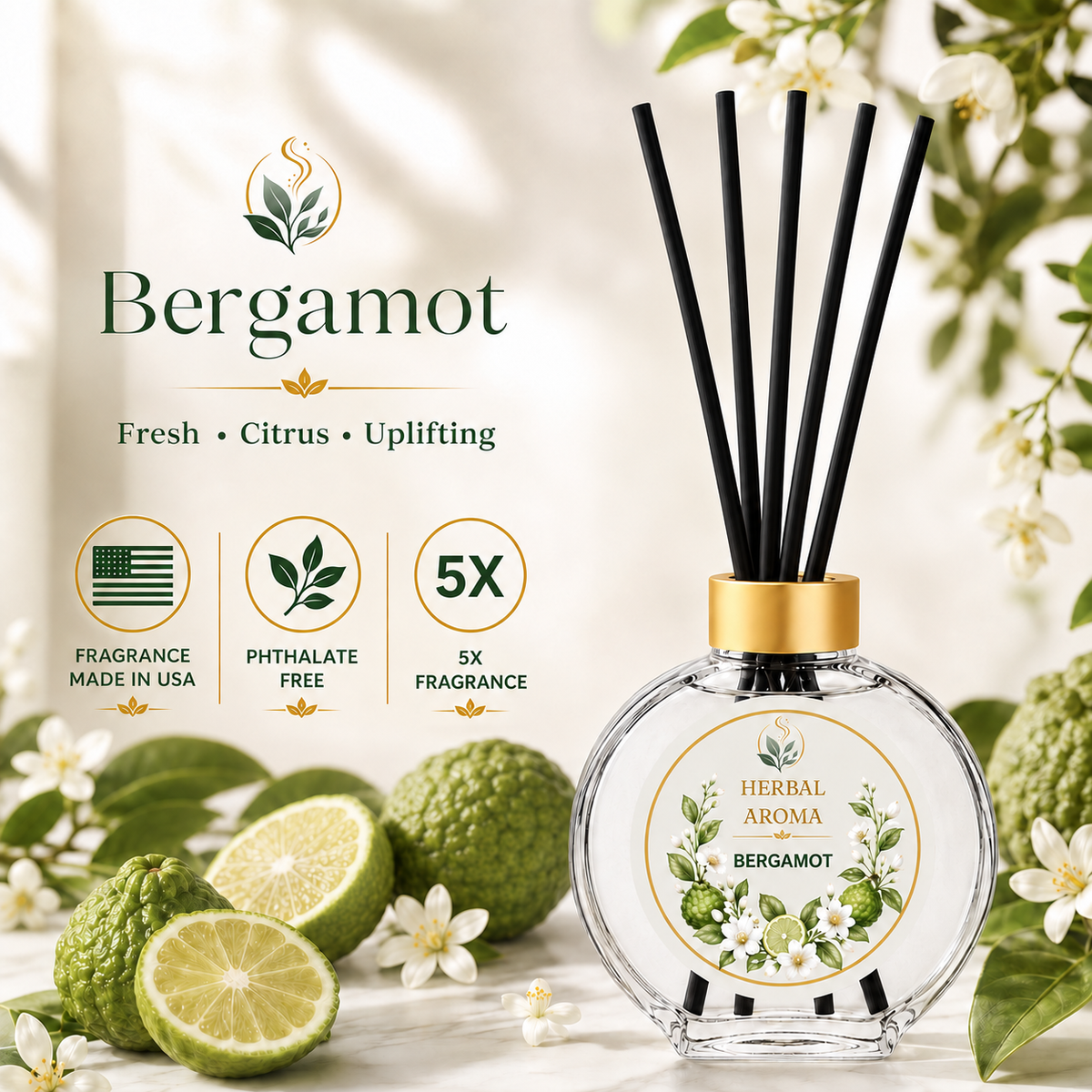 Herbal Aroma Bergamot Home Fragrance Set, 3-Piece Reed Diffuser with 200 mL Refill and 200 mL Room Spray, 100 mL Diffuser