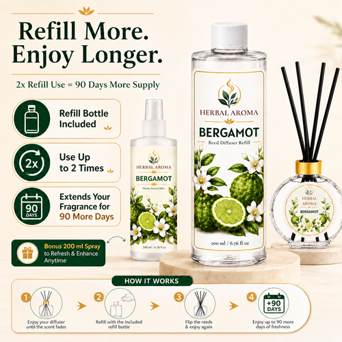 Herbal Aroma Bergamot Home Fragrance Set, 3-Piece Reed Diffuser with 200 mL Refill and 200 mL Room Spray, 100 mL Diffuser