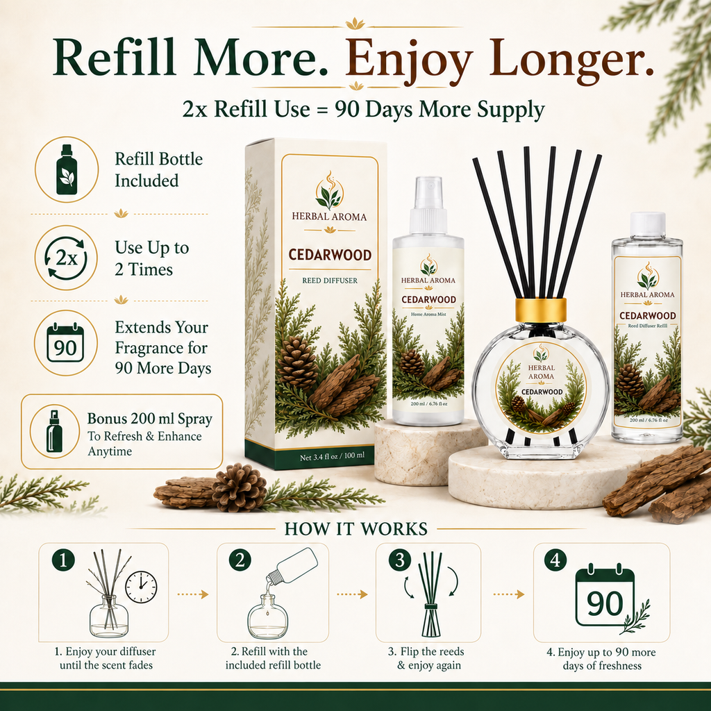 Herbal Aroma Cedarwood Reed Diffuser Set, 3 Pack Home Fragrance Diffusers, 100 mL Each, 300 mL Total, Woody Home Fragrance for Bedroom, Living Room & Office