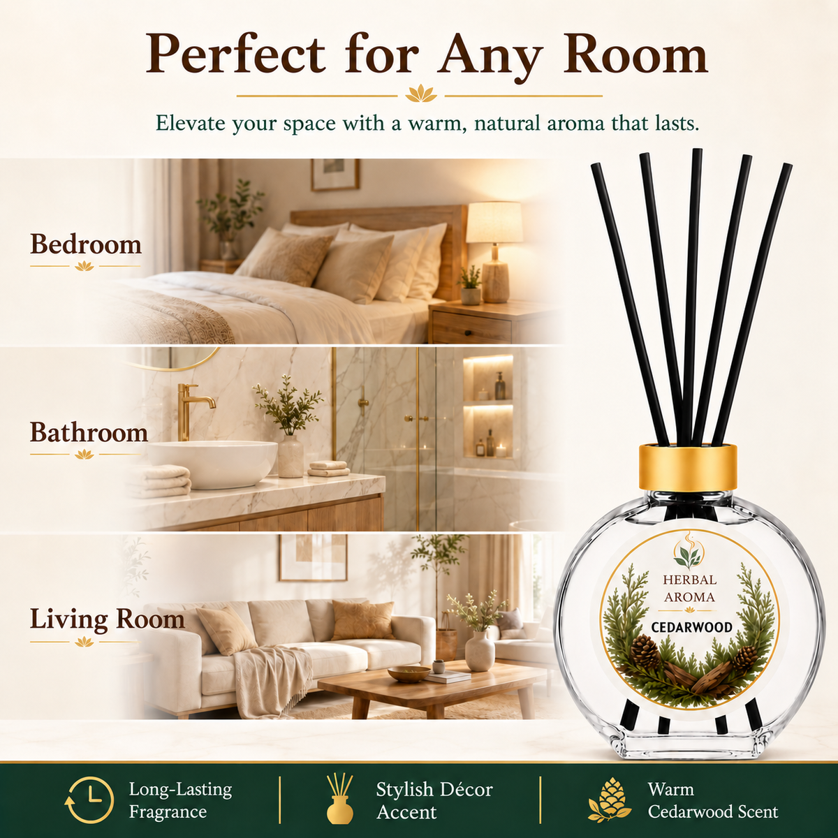 Herbal Aroma Cedarwood Reed Diffuser Set, 3 Pack Home Fragrance Diffusers, 100 mL Each, 300 mL Total, Woody Home Fragrance for Bedroom, Living Room & Office