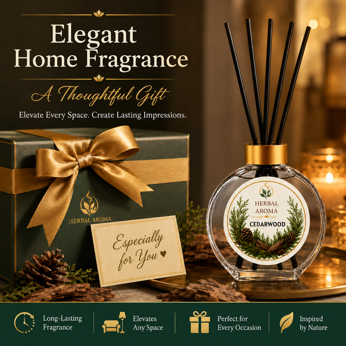 Herbal Aroma Cedarwood Reed Diffuser Set, 3 Pack Home Fragrance Diffusers, 100 mL Each, 300 mL Total, Woody Home Fragrance for Bedroom, Living Room & Office