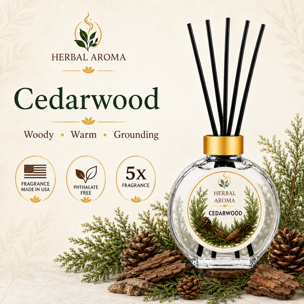 Herbal Aroma Cedarwood Reed Diffuser Set, 3 Pack Home Fragrance Diffusers, 100 mL Each, 300 mL Total, Woody Home Fragrance for Bedroom, Living Room & Office