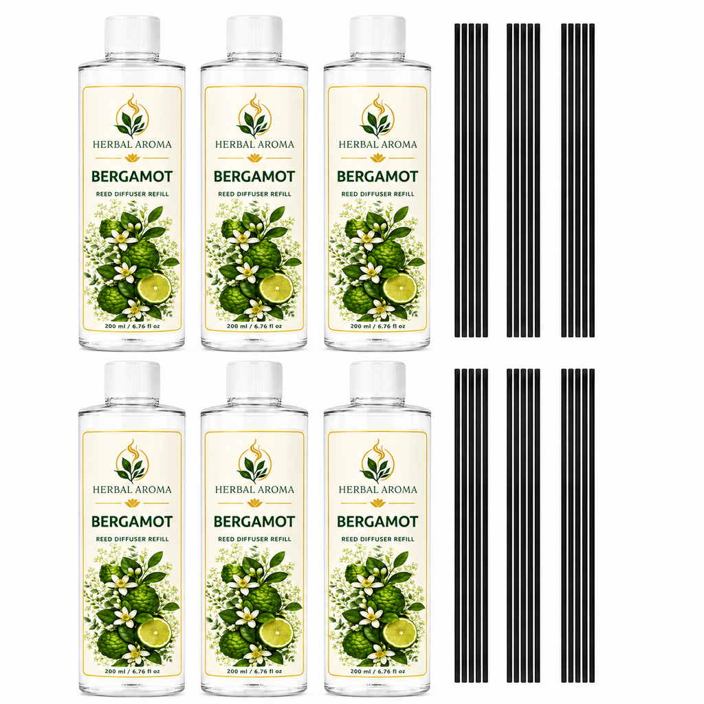 Herbal Aroma Bergamot Reed Diffuser Refill 6-Pack with Black Reeds, 200 ml Each