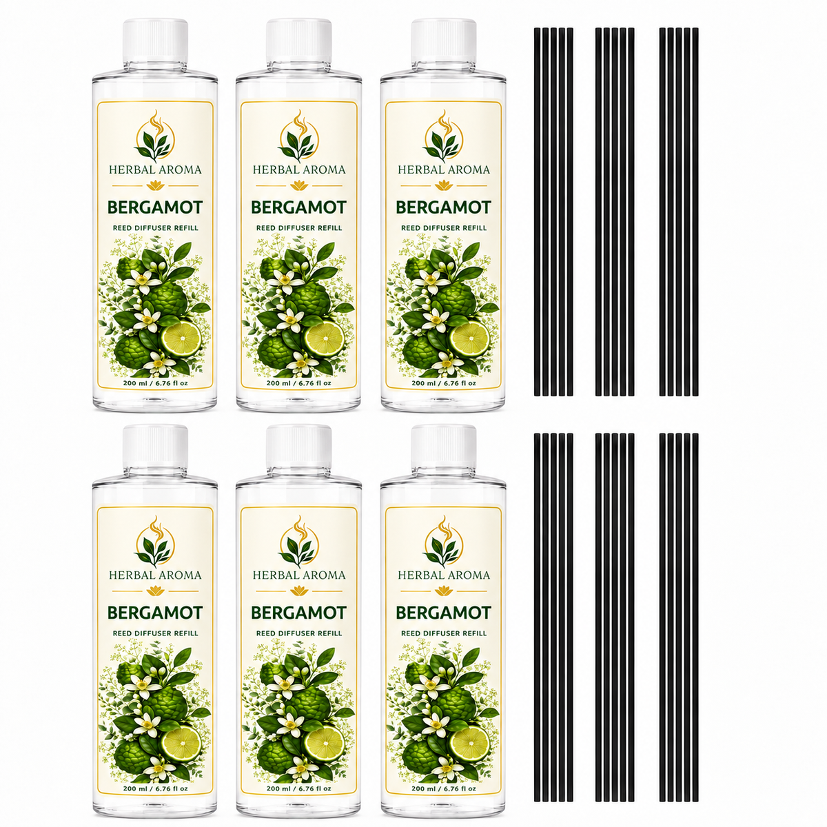 Herbal Aroma Bergamot Reed Diffuser Refill 6-Pack with Black Reeds, 200 ml Each