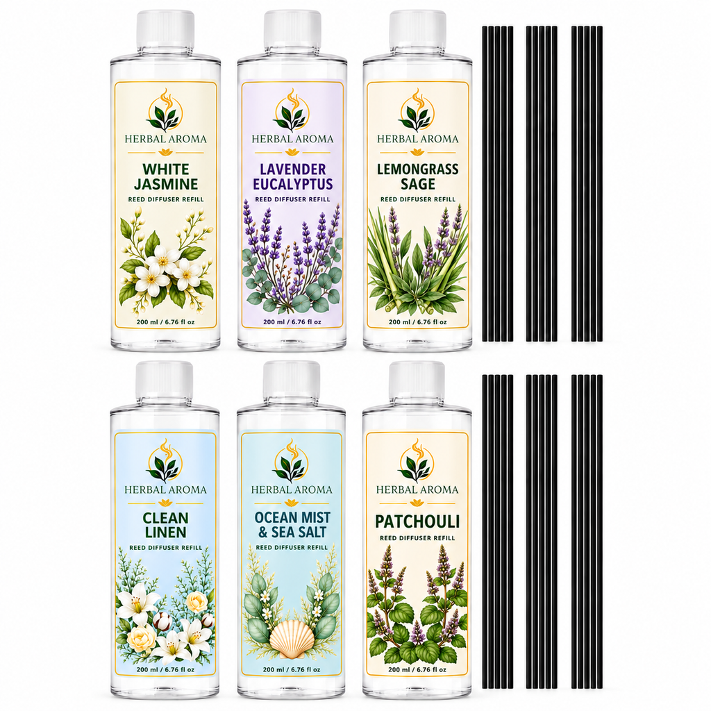 Herbal Aroma 6-Piece Reed Diffuser Refill Variety Set with Black Reeds – 6 Scents, 200 ml Each