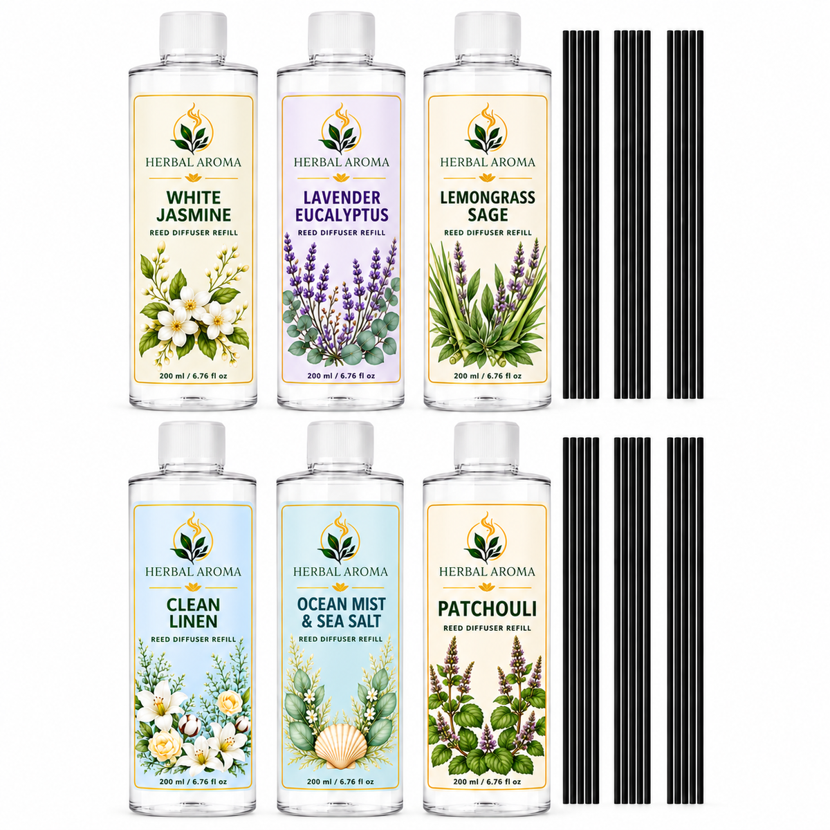 Herbal Aroma 6-Piece Reed Diffuser Refill Variety Set with Black Reeds – 6 Scents, 200 ml Each