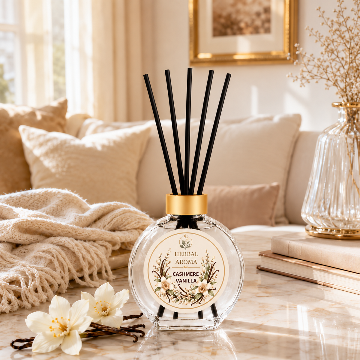 Herbal Aroma Cashmere Vanilla Home Fragrance Set, 3-Piece Reed Diffuser with 200 mL Refill and 200 mL Room Spray, 100 mL Diffuser