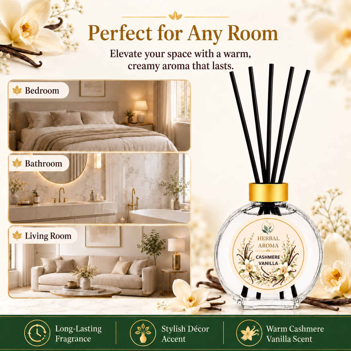Herbal Aroma Cashmere Vanilla Reed Diffuser Set, 3 Pack Home Fragrance Diffusers, 100 mL Each, 300 mL Total, Decorative Reed Diffusers for Home, Bedroom & Office