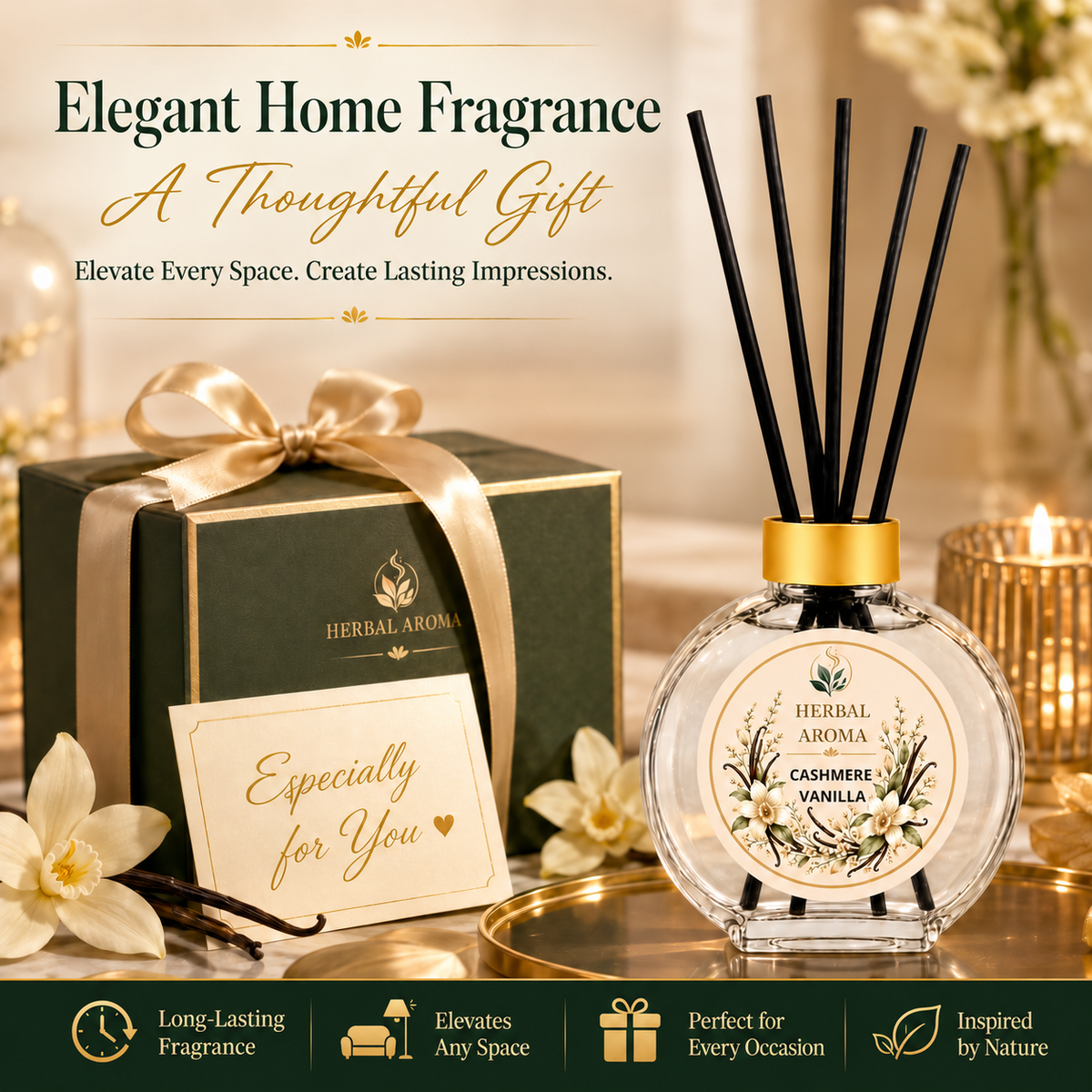 Herbal Aroma Cashmere Vanilla Reed Diffuser Set, 3 Pack Home Fragrance Diffusers, 100 mL Each, 300 mL Total, Decorative Reed Diffusers for Home, Bedroom & Office