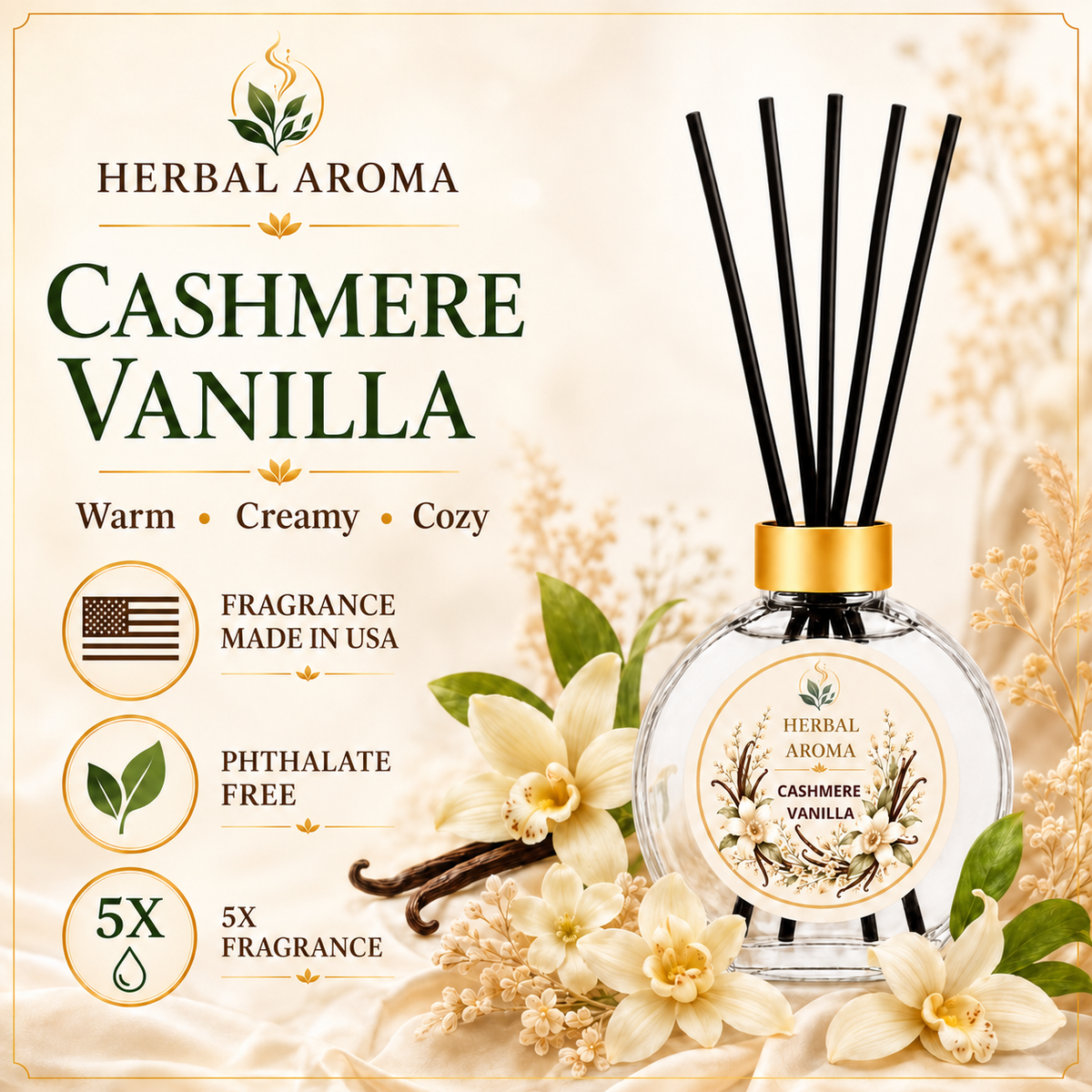 Herbal Aroma Cashmere Vanilla Reed Diffuser Set, 3 Pack Home Fragrance Diffusers, 100 mL Each, 300 mL Total, Decorative Reed Diffusers for Home, Bedroom & Office