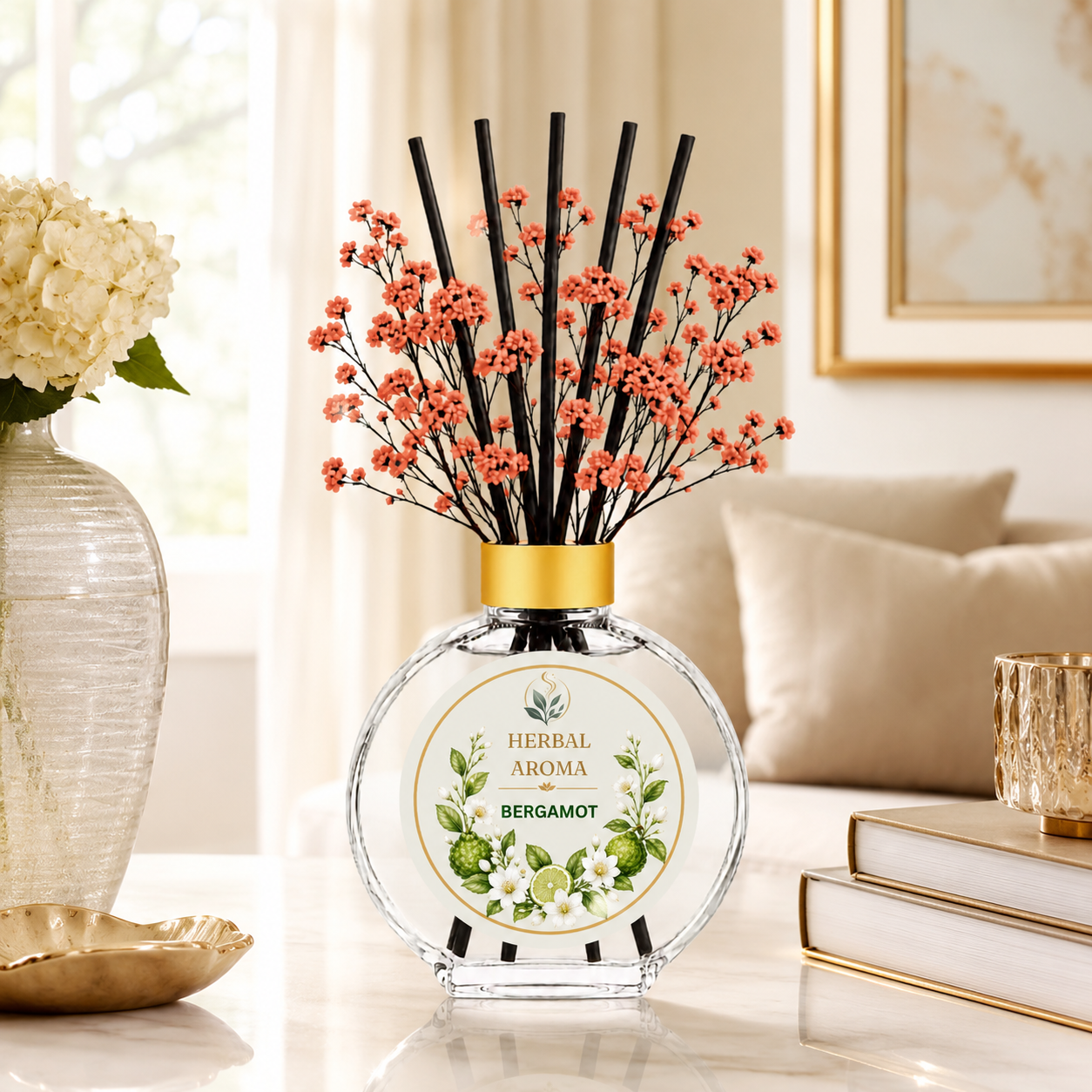 Herbal Aroma Bergamot Home Fragrance Set, 3-Piece Reed Diffuser with 200 mL Refill and 200 mL Room Spray, 100 mL Diffuser