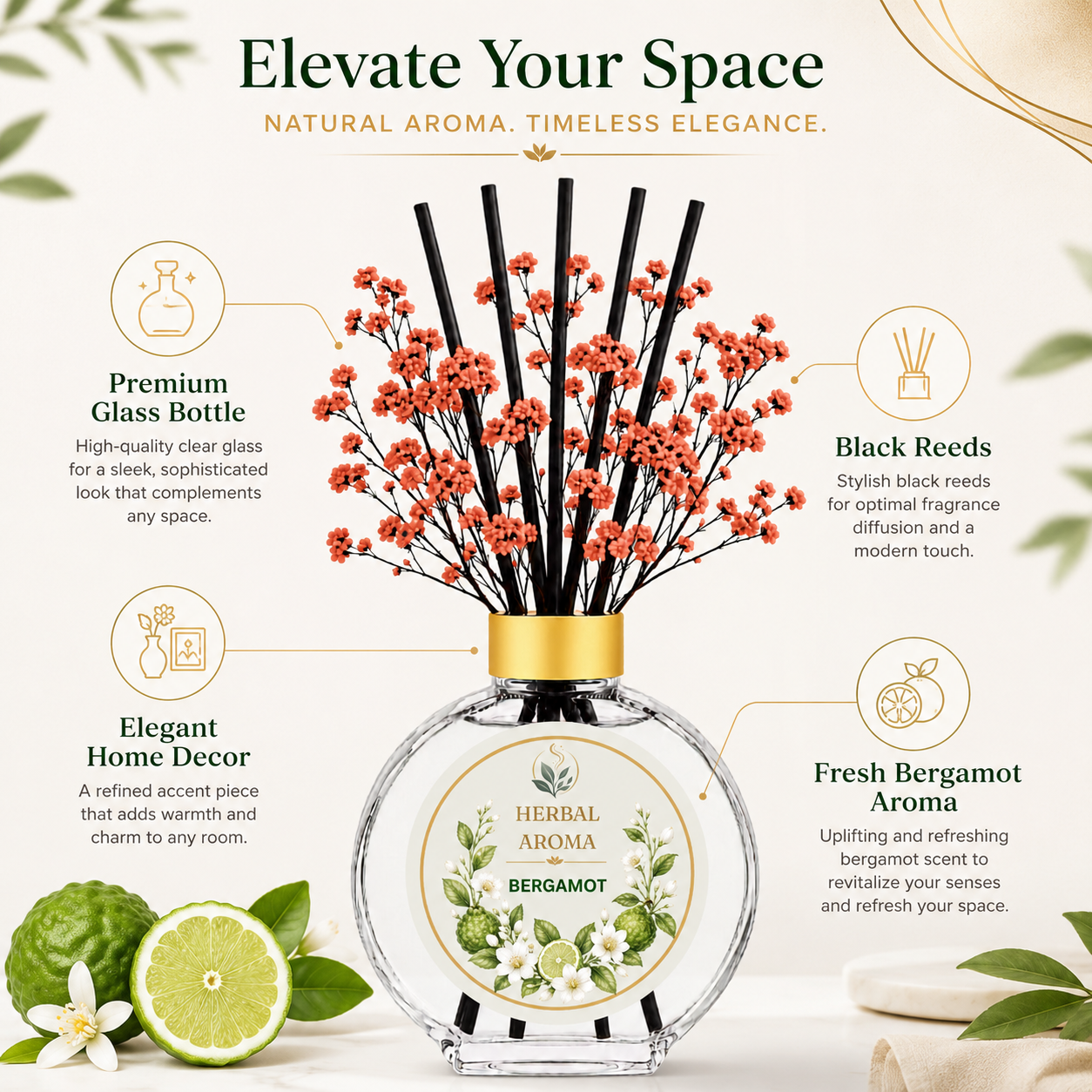 Herbal Aroma Bergamot Home Fragrance Set, 3-Piece Reed Diffuser with 200 mL Refill and 200 mL Room Spray, 100 mL Diffuser