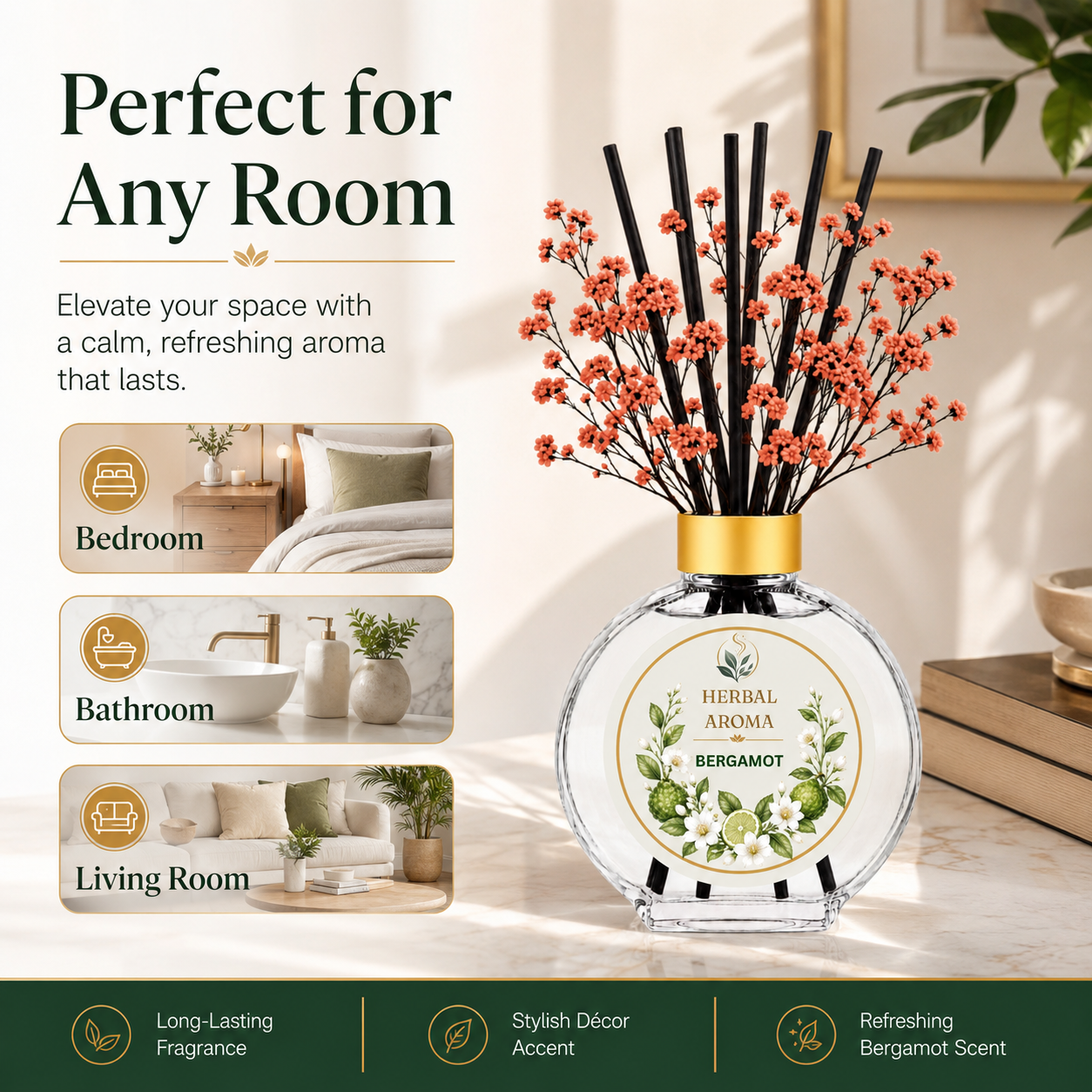 Herbal Aroma Bergamot Home Fragrance Set, 3-Piece Reed Diffuser with 200 mL Refill and 200 mL Room Spray, 100 mL Diffuser