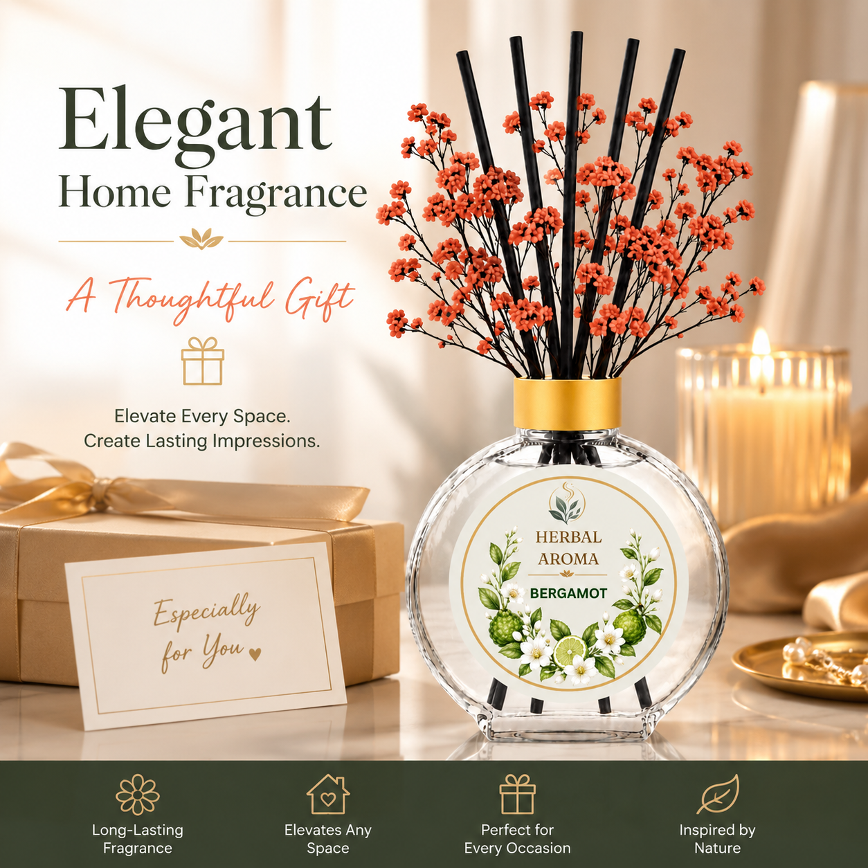 Herbal Aroma Bergamot Home Fragrance Set, 3-Piece Reed Diffuser with 200 mL Refill and 200 mL Room Spray, 100 mL Diffuser