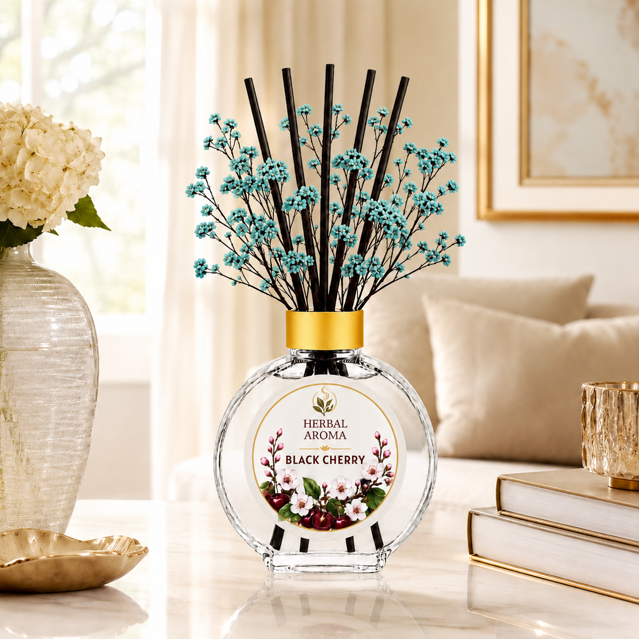 Herbal Aroma Black Cherry Home Fragrance Set, 3-Piece Reed Diffuser with 200 mL Refill and 200 mL Room Spray, 100 mL Diffuser