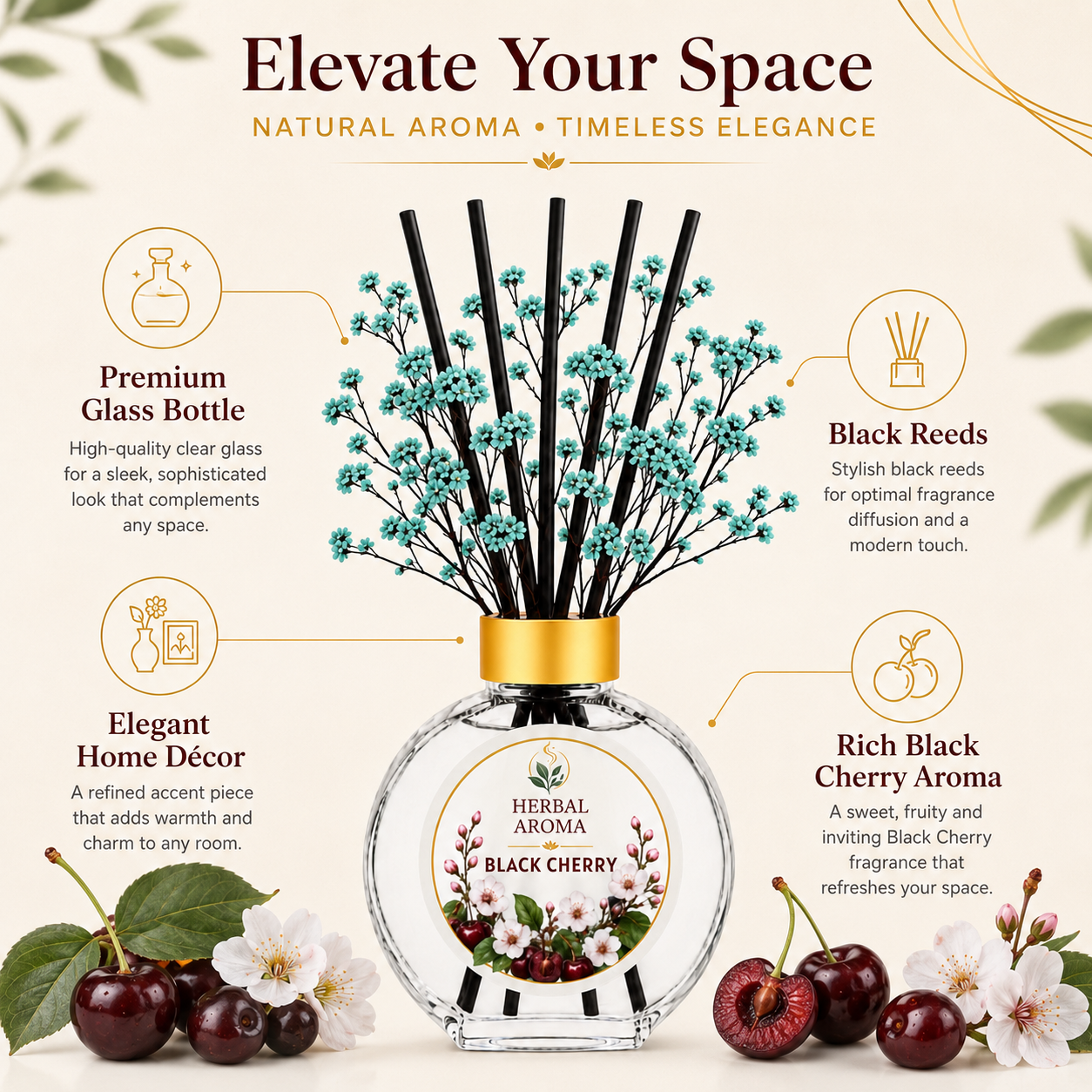 Herbal Aroma Black Cherry Home Fragrance Set, 3-Piece Reed Diffuser with 200 mL Refill and 200 mL Room Spray, 100 mL Diffuser
