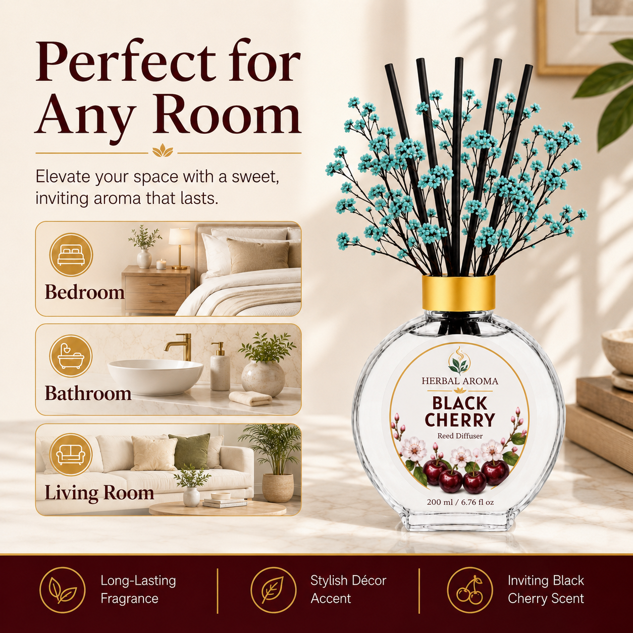 Herbal Aroma Black Cherry Home Fragrance Set, 3-Piece Reed Diffuser with 200 mL Refill and 200 mL Room Spray, 100 mL Diffuser