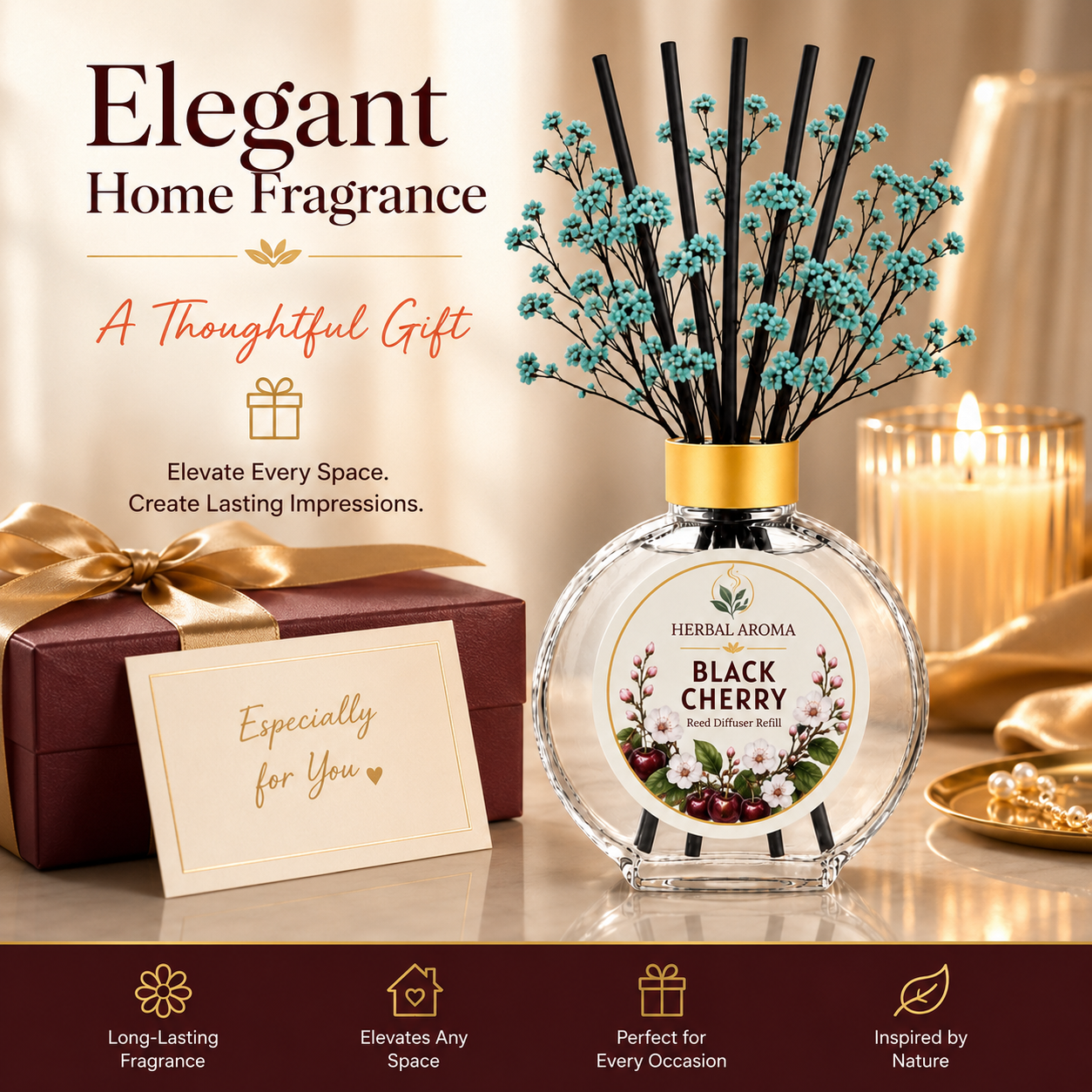 Herbal Aroma Black Cherry Home Fragrance Set, 3-Piece Reed Diffuser with 200 mL Refill and 200 mL Room Spray, 100 mL Diffuser