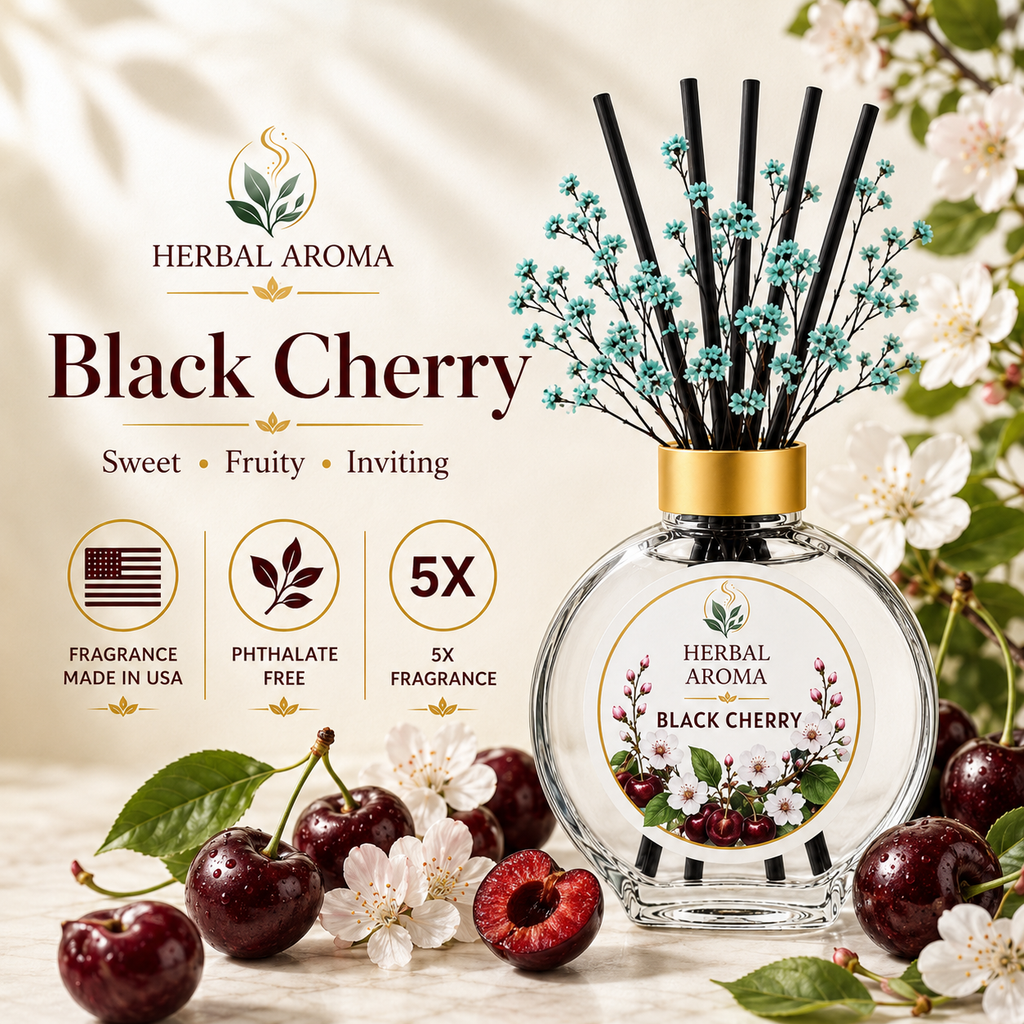 Herbal Aroma Black Cherry Home Fragrance Set, 3-Piece Reed Diffuser with 200 mL Refill and 200 mL Room Spray, 100 mL Diffuser