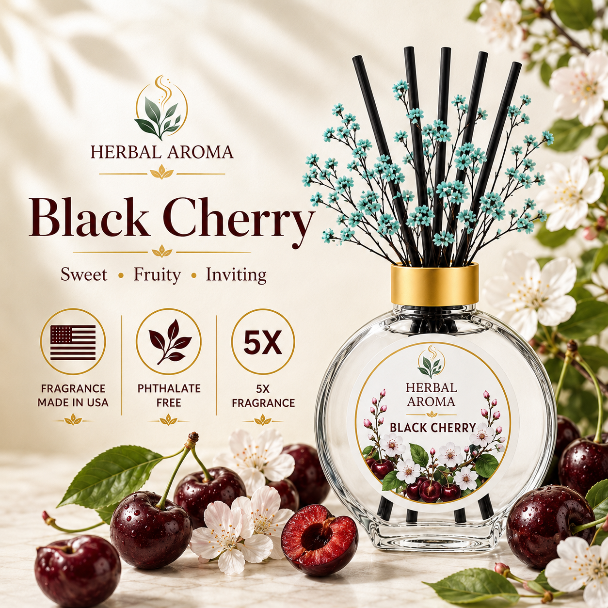 Herbal Aroma Black Cherry Home Fragrance Set, 3-Piece Reed Diffuser with 200 mL Refill and 200 mL Room Spray, 100 mL Diffuser
