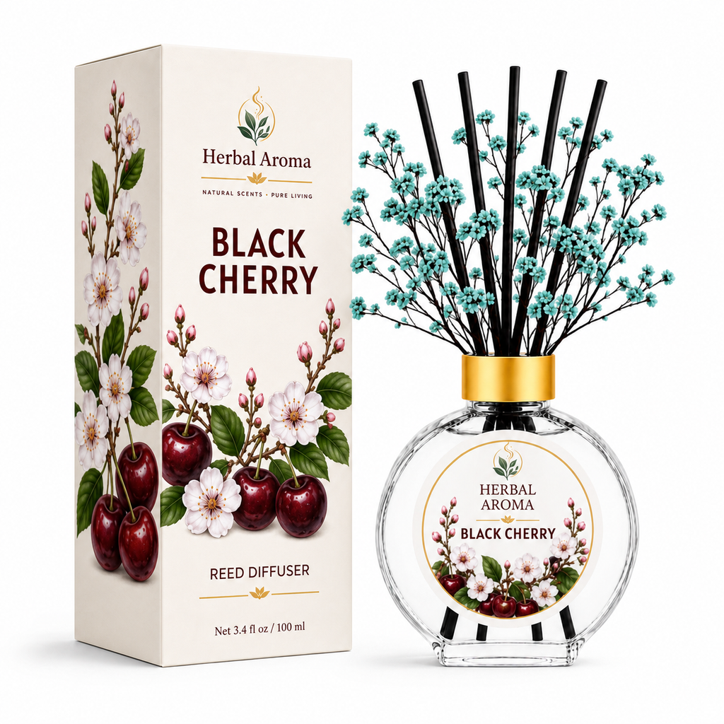 Herbal Aroma Black Cherry Home Fragrance Set, 3-Piece Reed Diffuser with 200 mL Refill and 200 mL Room Spray, 100 mL Diffuser