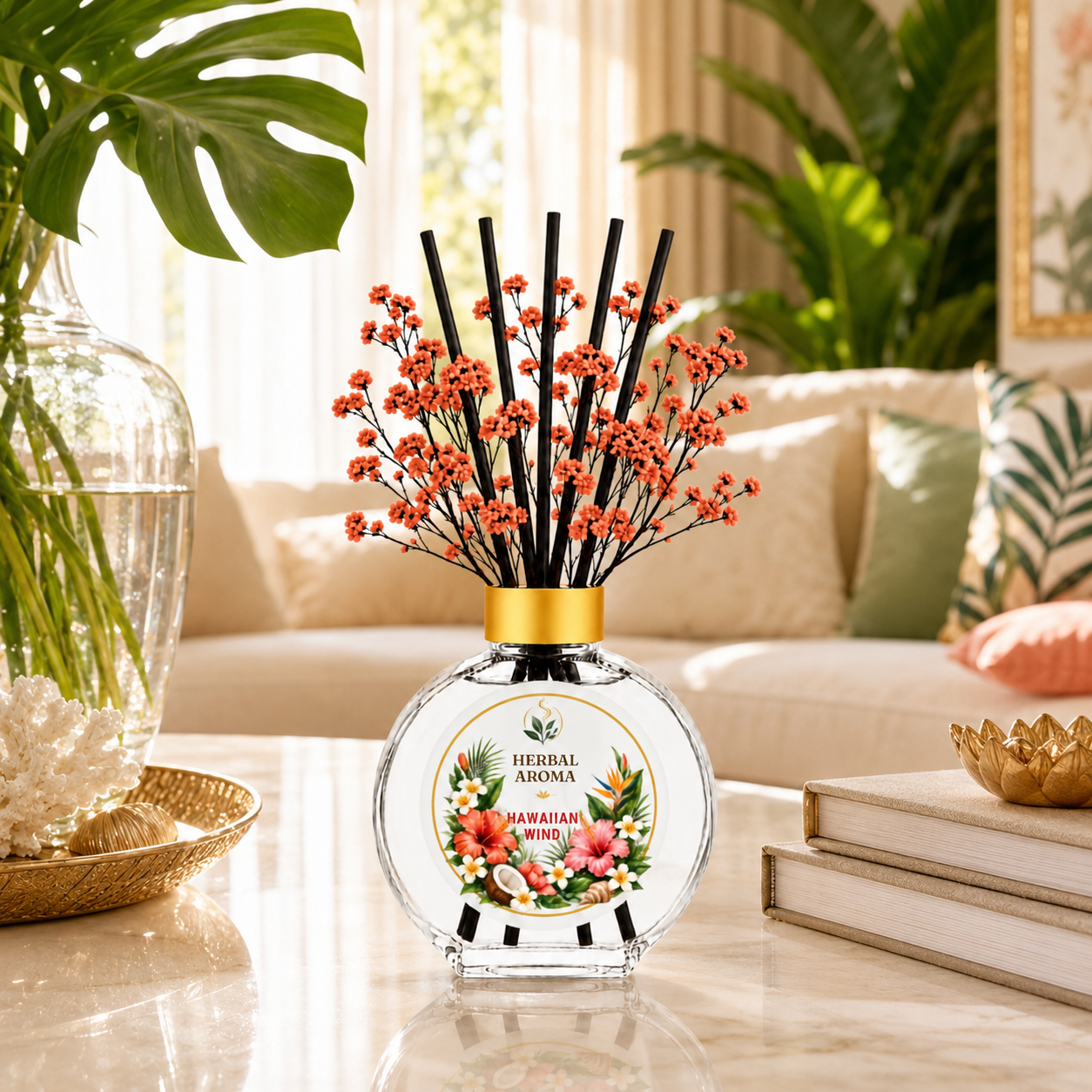 Herbal Aroma Hawaiian Wind Home Fragrance Set, 3-Piece Reed Diffuser with 200 mL Refill and 200 mL Room Spray, 100 mL Diffuser
