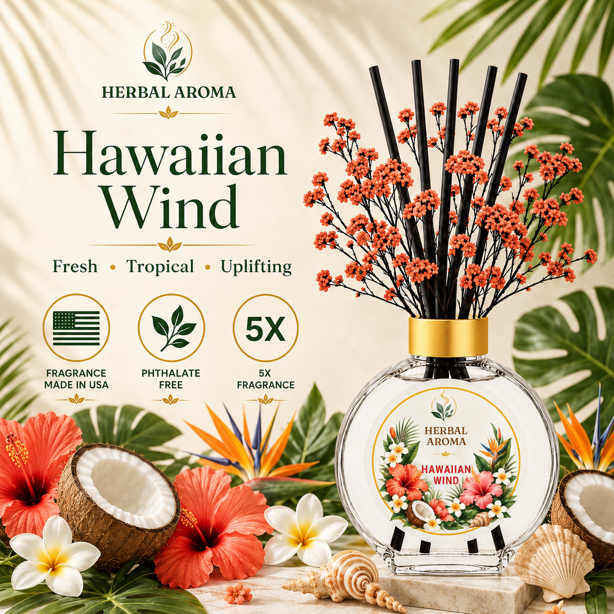 Herbal Aroma Hawaiian Wind Home Fragrance Set, 3-Piece Reed Diffuser with 200 mL Refill and 200 mL Room Spray, 100 mL Diffuser