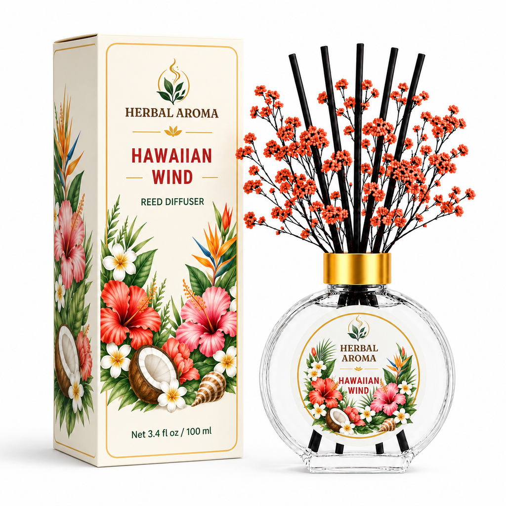 Herbal Aroma Hawaiian Wind Home Fragrance Set, 3-Piece Reed Diffuser with 200 mL Refill and 200 mL Room Spray, 100 mL Diffuser