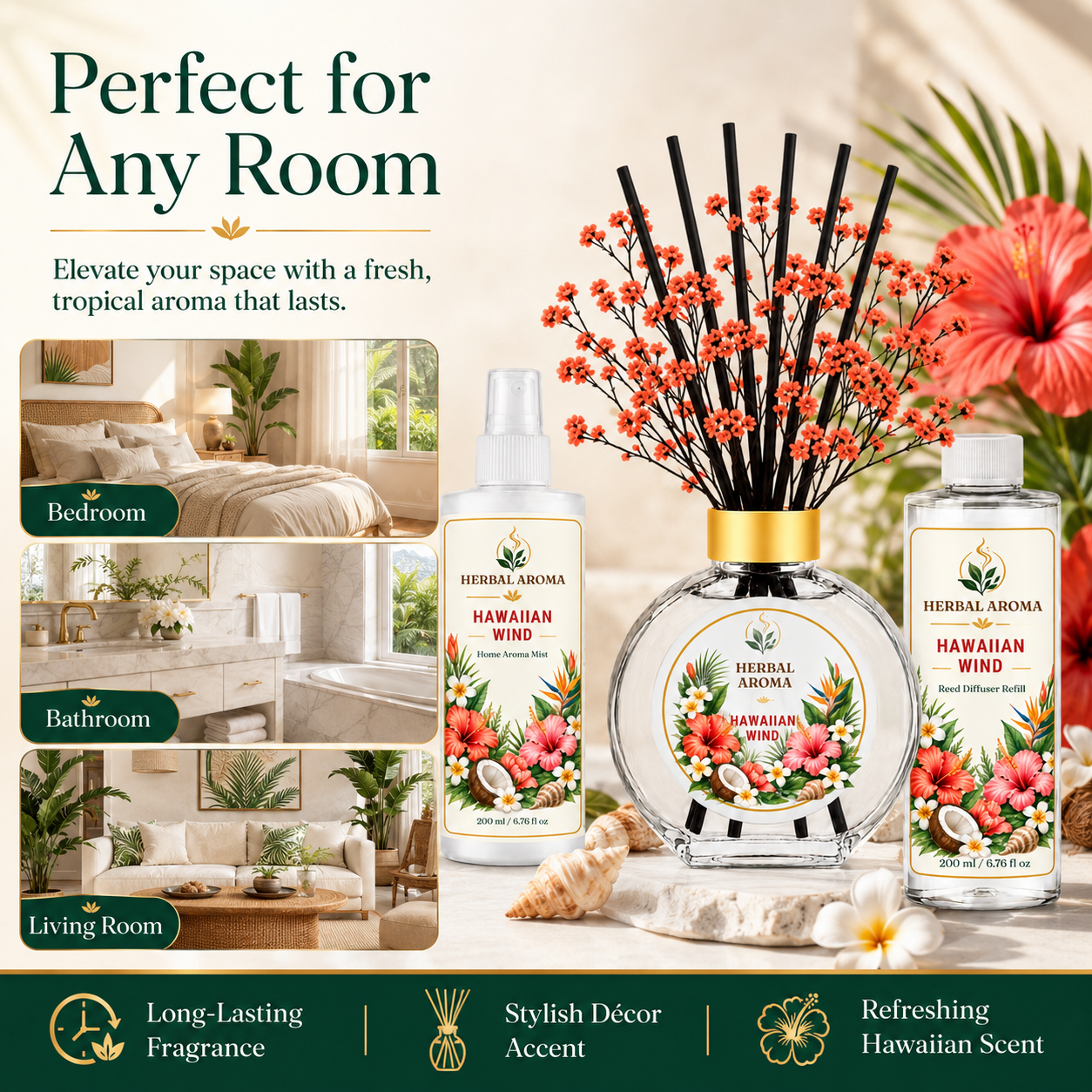 Herbal Aroma Hawaiian Wind Home Fragrance Set, 3-Piece Reed Diffuser with 200 mL Refill and 200 mL Room Spray, 100 mL Diffuser