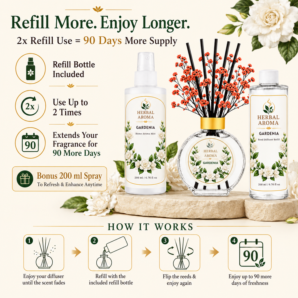 Herbal Aroma Gardenia Home Fragrance Set, 3-Piece Reed Diffuser with 200 mL Refill and 200 mL Room Spray, 100 mL Diffuser