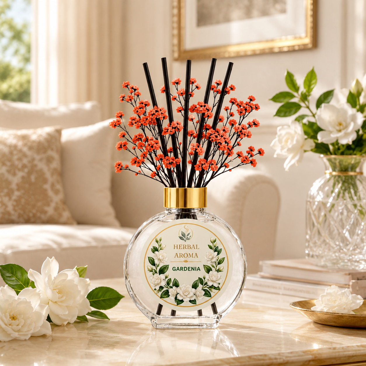 Herbal Aroma Gardenia Home Fragrance Set, 3-Piece Reed Diffuser with 200 mL Refill and 200 mL Room Spray, 100 mL Diffuser