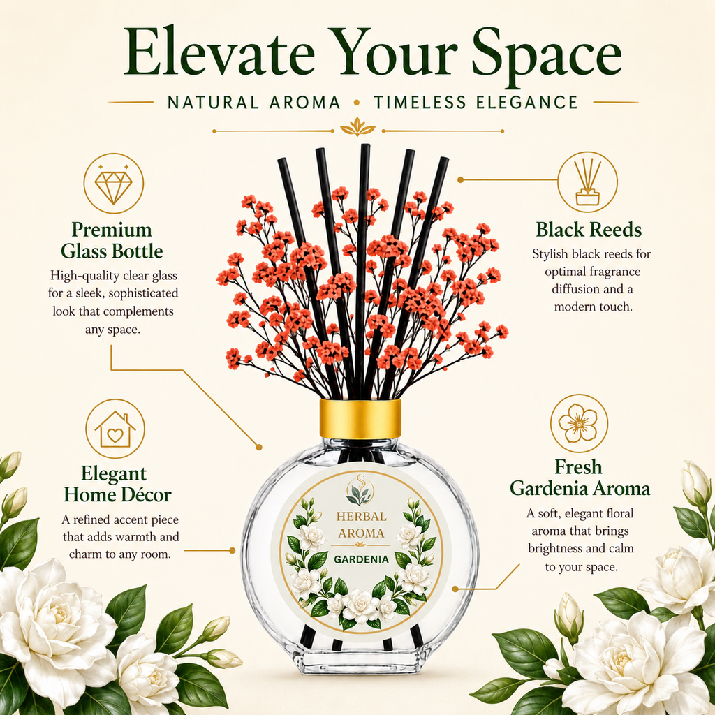 Herbal Aroma Gardenia Home Fragrance Set, 3-Piece Reed Diffuser with 200 mL Refill and 200 mL Room Spray, 100 mL Diffuser