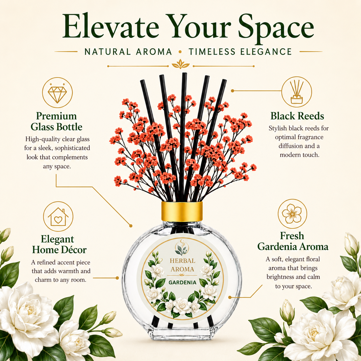Herbal Aroma Gardenia Home Fragrance Set, 3-Piece Reed Diffuser with 200 mL Refill and 200 mL Room Spray, 100 mL Diffuser